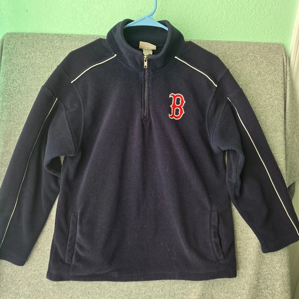 Boston‎ Red Sox MLB Fleece Quarter Zip Pullover Navy Blue Youth XL 14/16 Piping